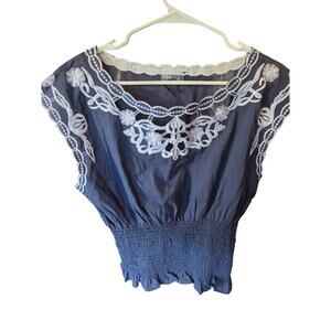 Poetry Clothing Coquette Top M Womens Boat Neck Embroidered Cap Sleeve Romantic